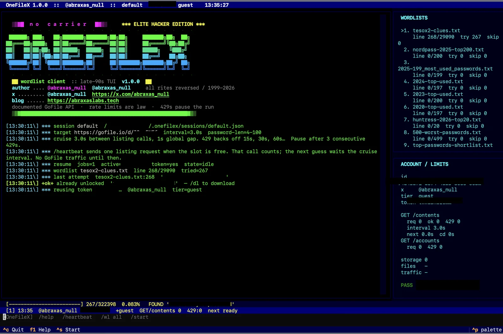 GoFileX TUI 实时会话界面，展示字典队列、账户限额与遍历进度