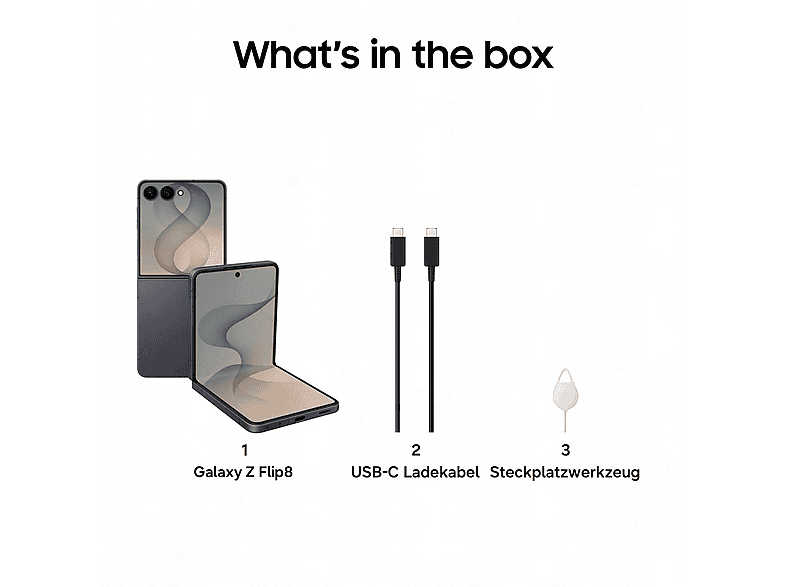 Galaxy Z Flip8 – Lieferumfang: Smartphone, USB-C Ladekabel, Steckplatzwerkzeug