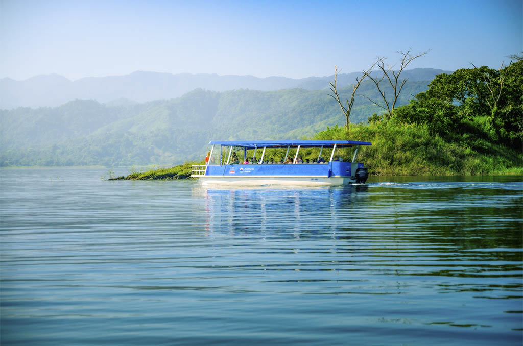 Lake Arenal boat crossing with scenic mountain views
