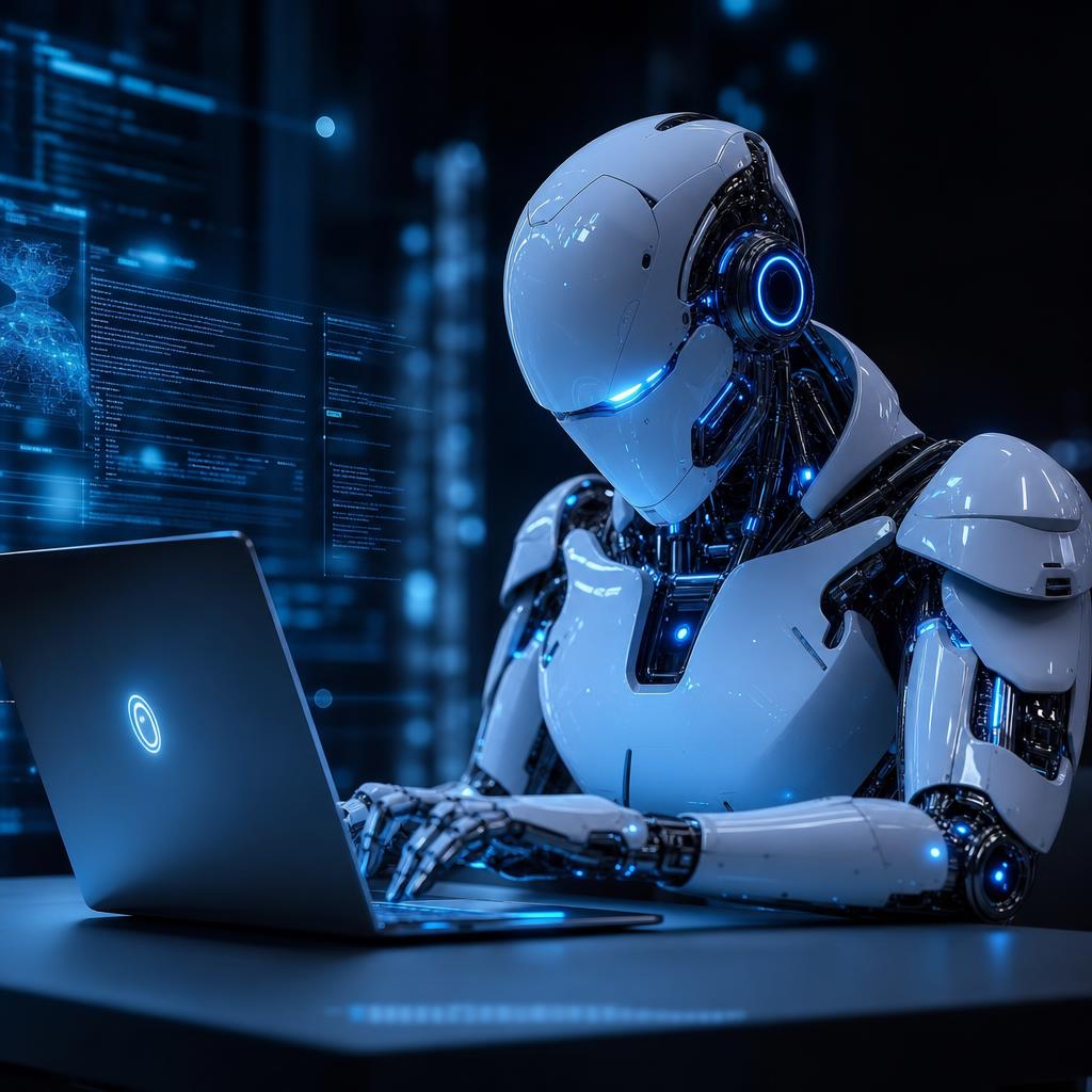 Футуристичный AI-робот пишет код за ноутбуком в неоновом свете