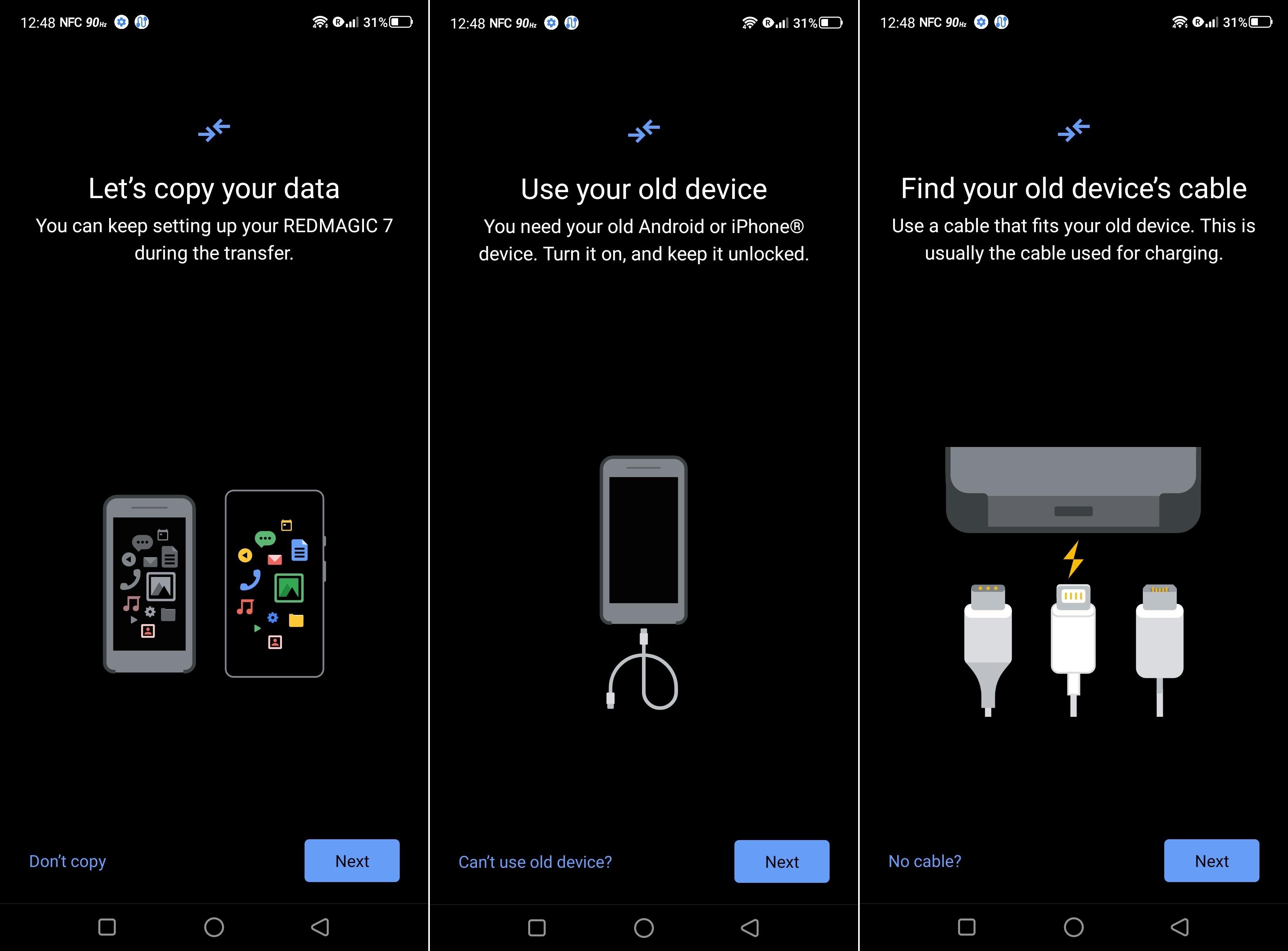 Android phone setup screens showing data copy options and cable connection steps