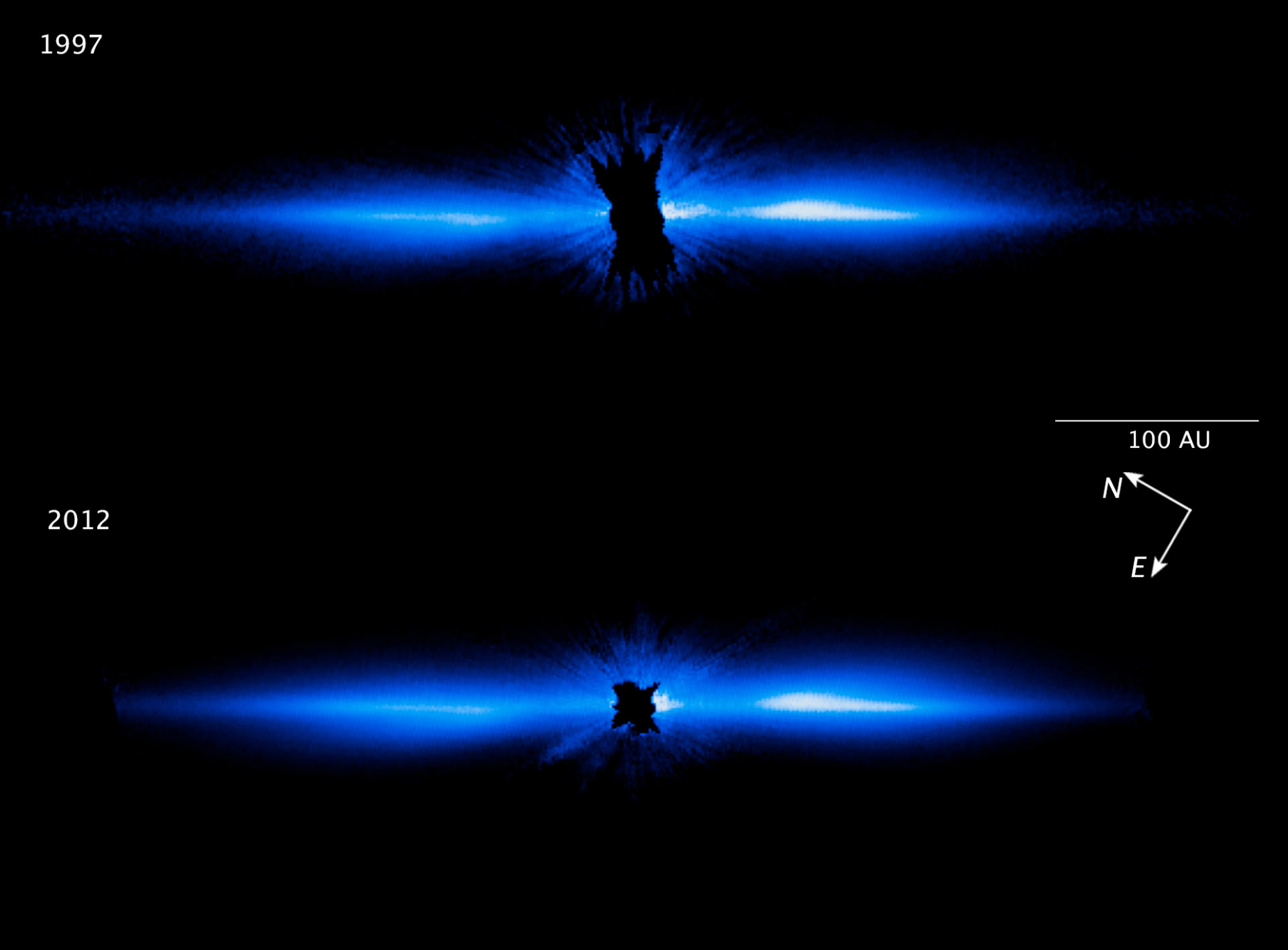 Disco de gás e poeira ao redor da estrela Beta Pictoris fotografado pelo telescópio Hubble