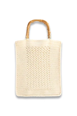Cream crochet tote bag with natural bamboo handles — minimalist handmade summer handbag on white background