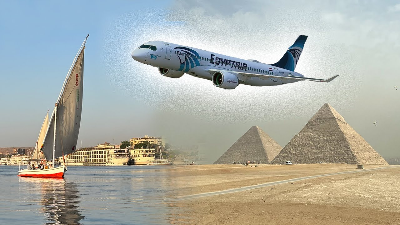 EgyptAir plane flying over pyramids