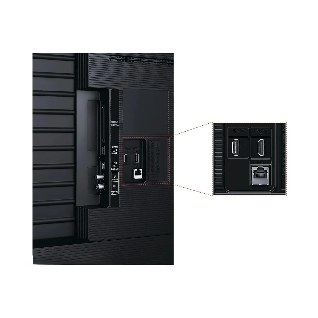 SAMSUNG GU75U8079F – tilkoblinger: HDMI med eARC, USB, LAN og antenne