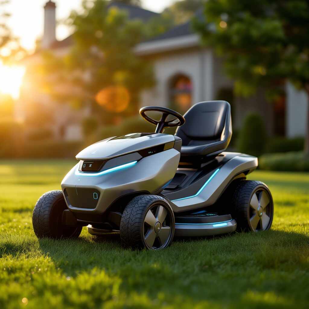 Trator elétrico moderno cortando grama em jardim residencial ao pôr do sol