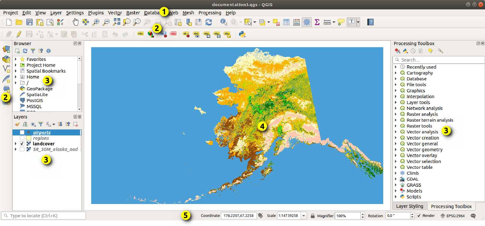 Interface du logiciel QGIS avec la vue carte, le panneau des couches et la boîte à outils de traitement