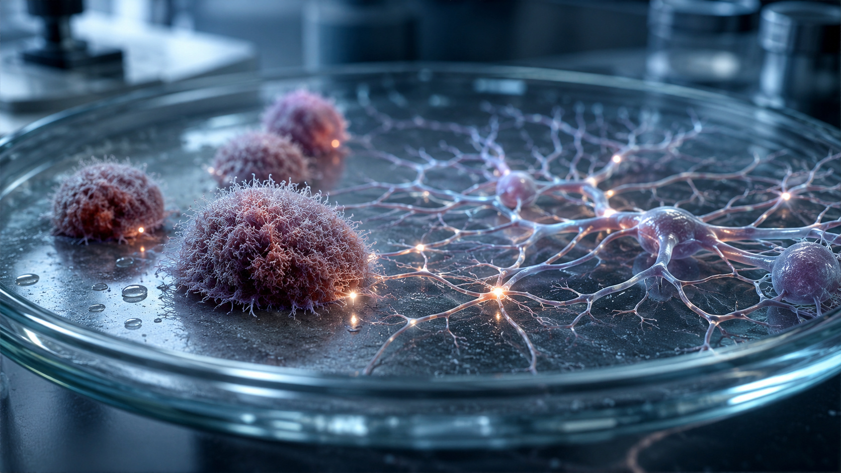 Representação artística de Anthrobots em placa de Petri interagindo com rede neural humana em laboratório