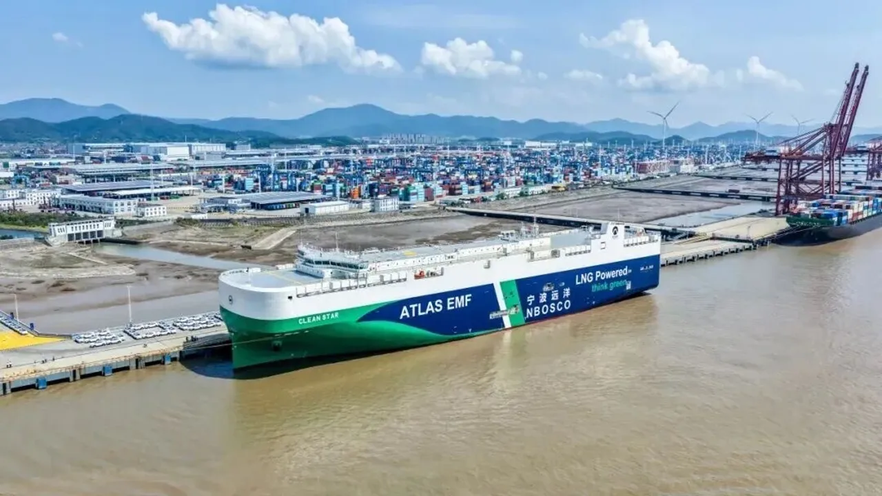 Vehicle carrier vessel at an international shipping port