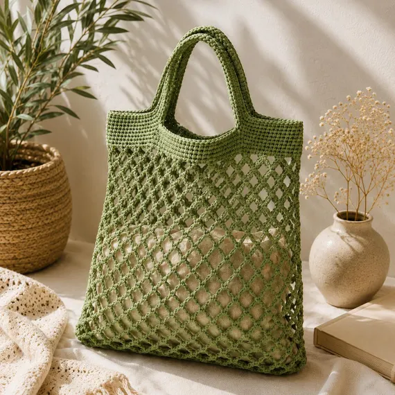 Green crocheted mesh tote bag standing on a table in soft daylight next to a woven plant basket