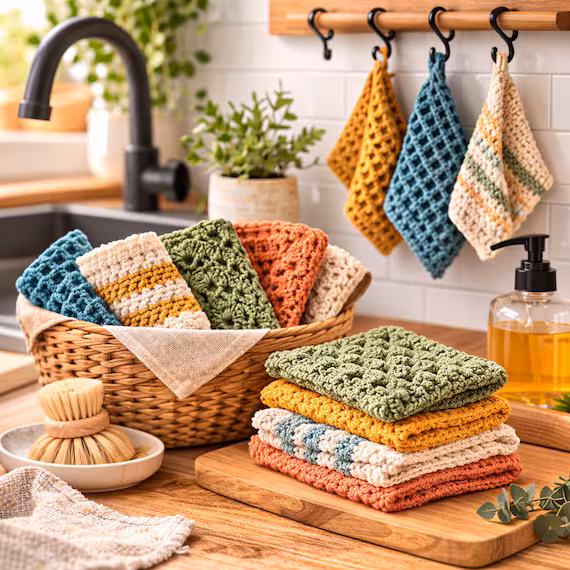 Folded blue crochet hand towel with two white stripes on marble surface — textured cotton kitchen linen next to white mug