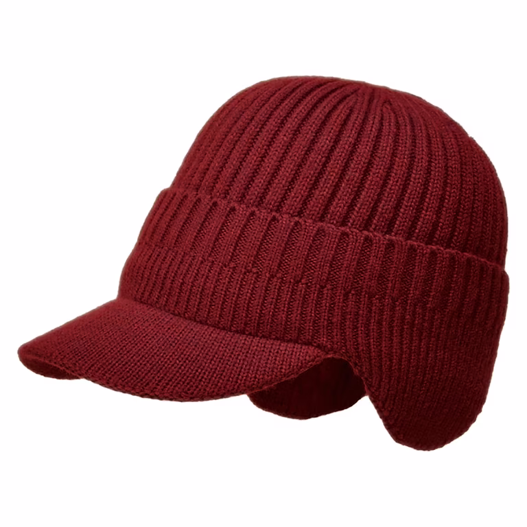 IYTR Men's Winter Visor Beanie Hat with Earflaps Solid Knit Baseball Cap  Ski Hat Warm Fleece Lined Hunting Hat Wine