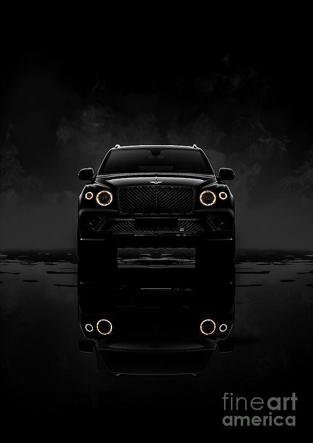 Black luxury SUV with headlights illuminated in a dark studio setting