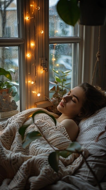 Woman relaxing by rainy window with fairy lights, cozy blanket, and blue pillows