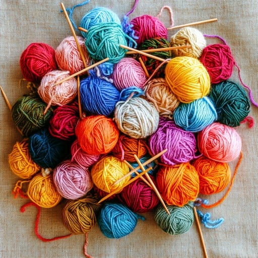 alt="Colorful balls of wool yarn with wooden knitting needles — materials for handmade knitted slippers"