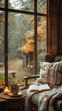 Chunky knit blanket draped over armchair by rain-covered window with coffee cup