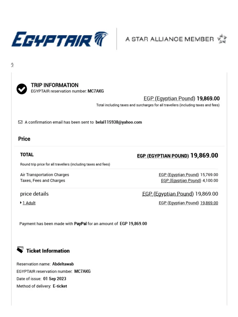 Egypt tour packages with flights confirmation showing EgyptAir ticket details