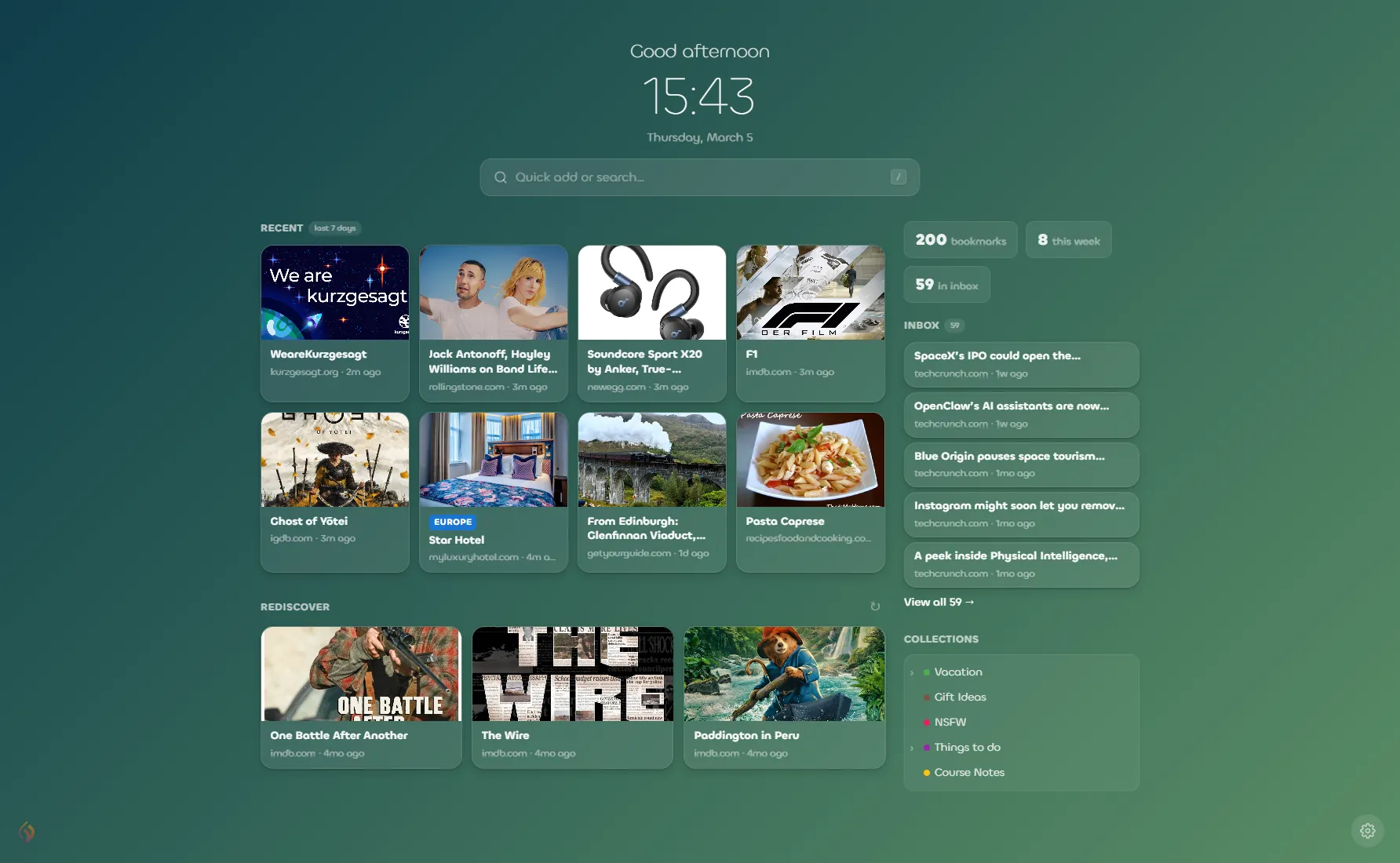 Customized browser start page showing organized bookmarks feeds and reading lists