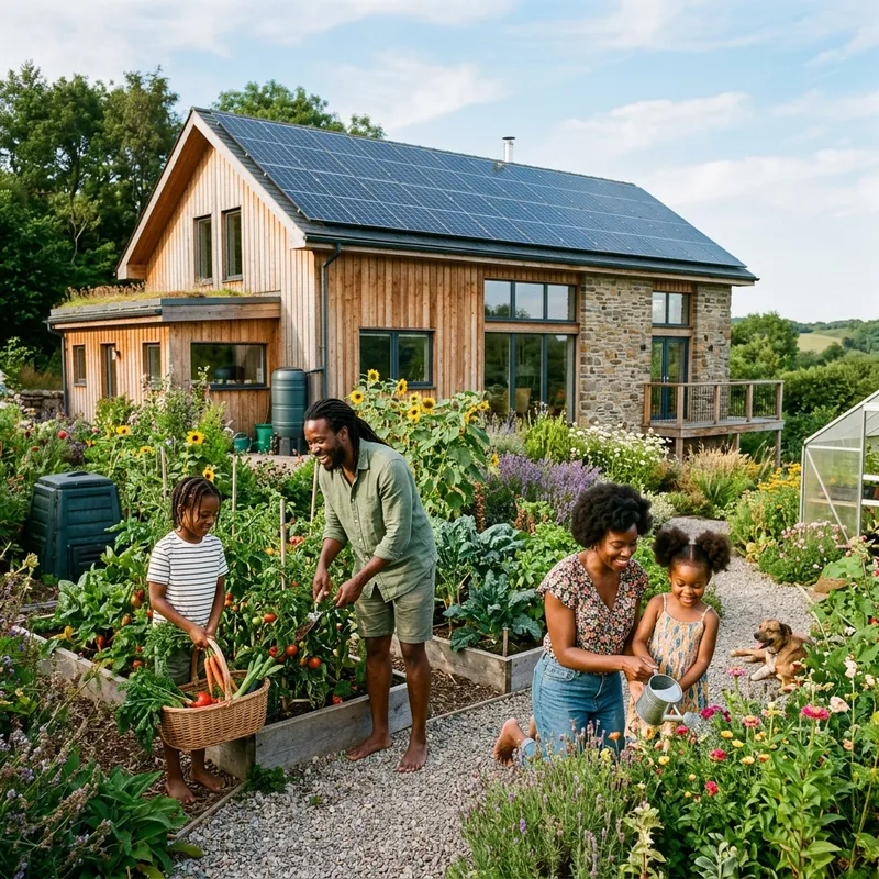 Sustainable Home with Solar Panels & Lush Garden | Black Family Outdoors | AI Art Generator | Easy-Peasy.AI