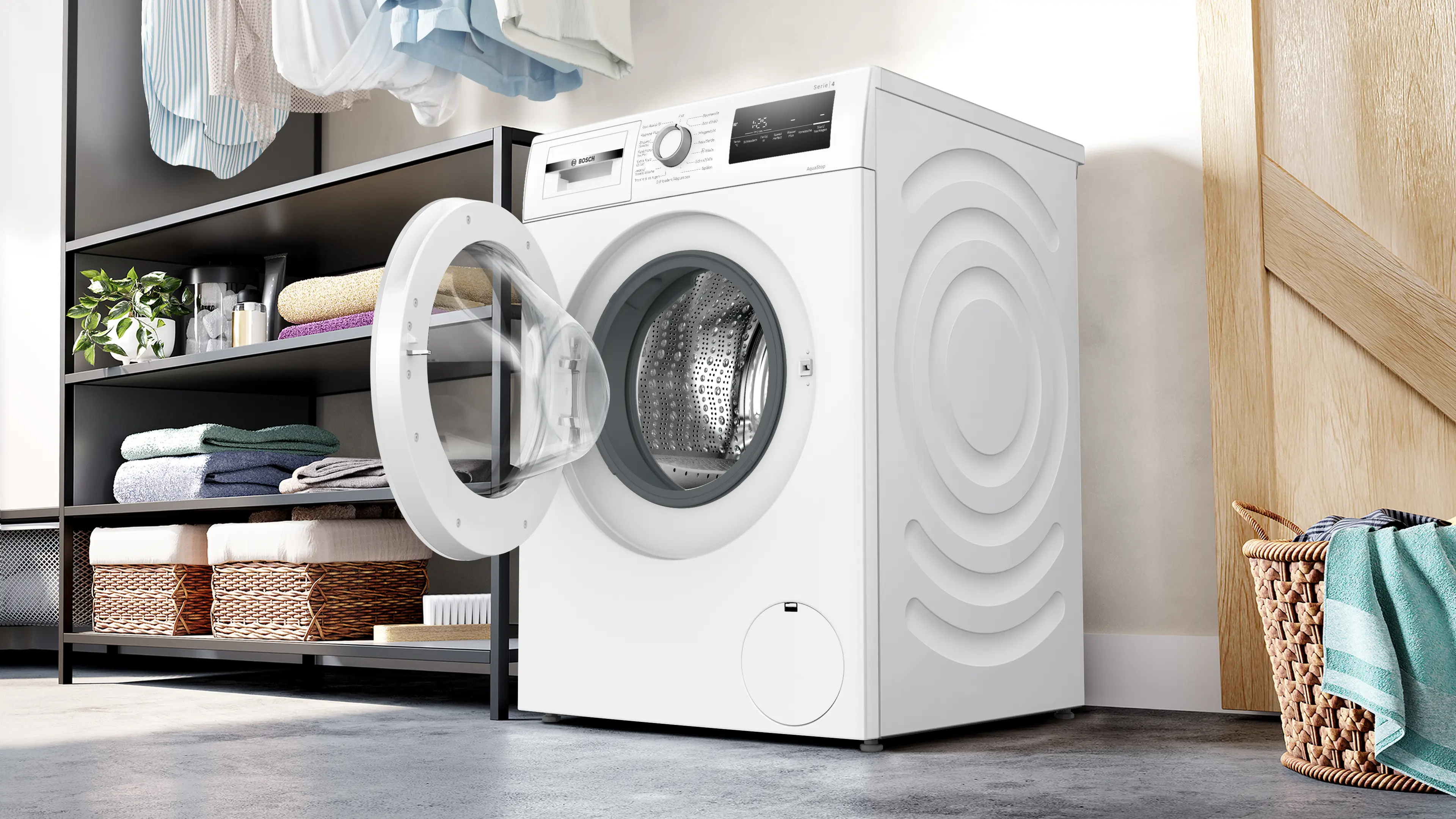 BOSCH WAN2829ESN med öppen lucka – 65 liters trumma