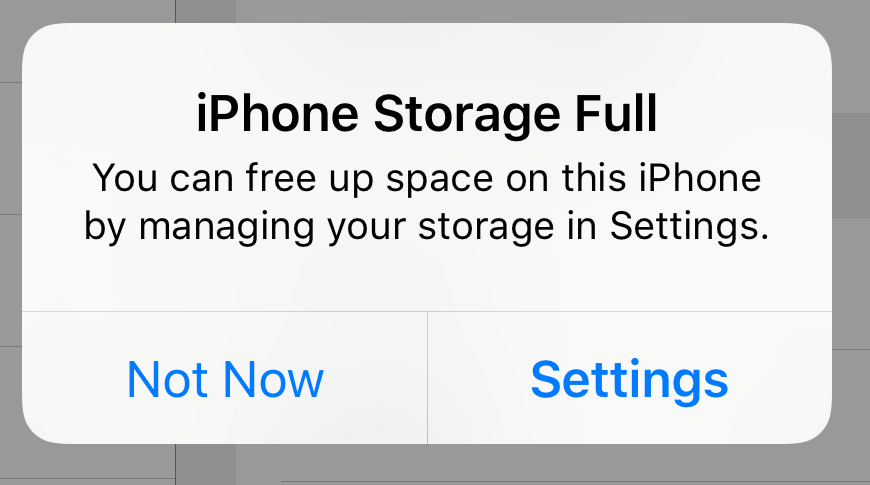 iPhone displaying storage full warning notification popup