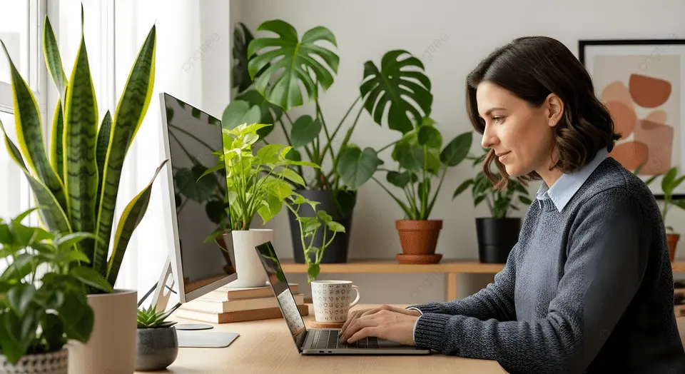 Profissional trabalhando em escritório moderno com plantas e bem-estar