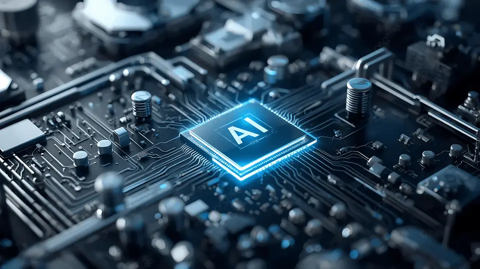 Светящийся AI-чип на тёмной плате — футуристичные технологии