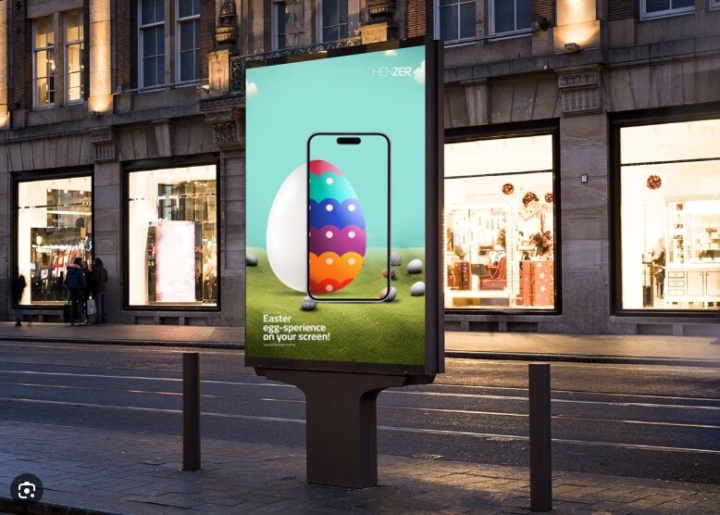 Painel de publicidade digital DOOH em rua comercial exibindo anúncio programático em tela urbana