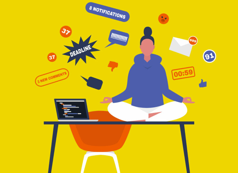 Ilustração sobre equilíbrio entre trabalho e vida pessoal com prazos e notificações