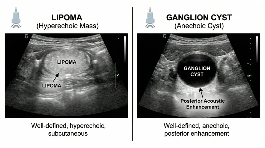 Ultrasound imaging showing lipoma and ganglion cyst diagnosis