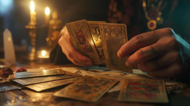 Mystic Tarot Card Reading by Candlelight, Enchanting Divination Scene with Hands and Tarot Deck, Perfect for Spiritual and Occult Themes 48764594 Stock Photo at Vecteezy
