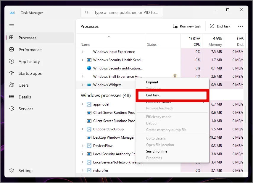 Ending a background process using the right click menu in Windows 11 Task Manager