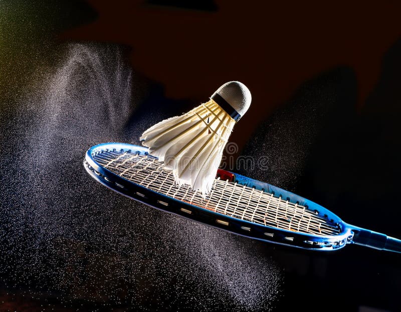 Shuttlecock striking a badminton racket at high speed