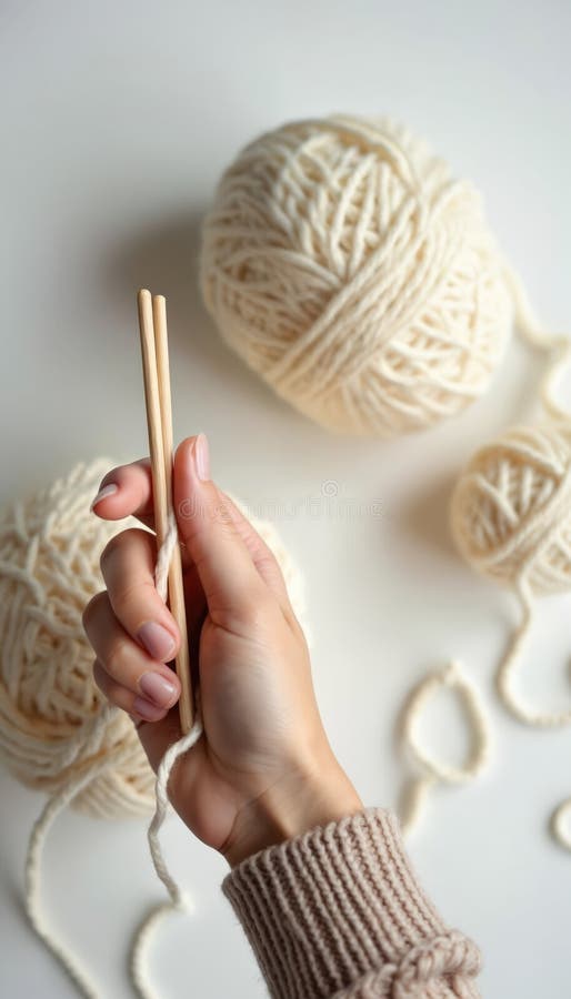 alt="Woman holding wooden knitting needles with cream wool yarn — beginner slipper pattern and gauge swatch"