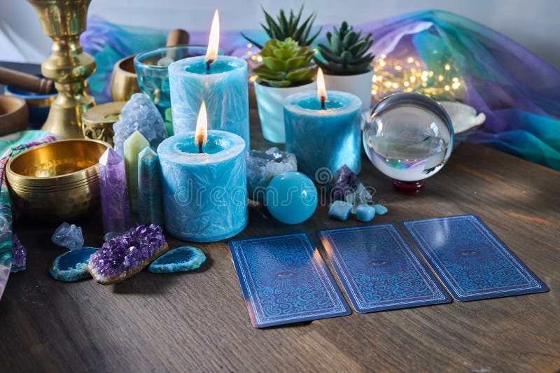 Mystic Tarot Reading Set Up with Candles and Crystals Stock Photo - Image of ritual, flame: 316089226