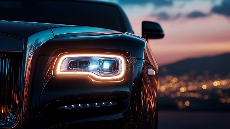 Close-up of a luxury vehicle headlight at dusk, symbolising international vehicle sourcing