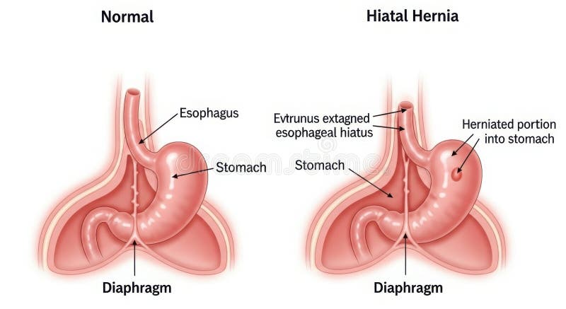 Medical diagram comparing normal stomach anatomy versus hiatal hernia where stomach pushes through diaphragm