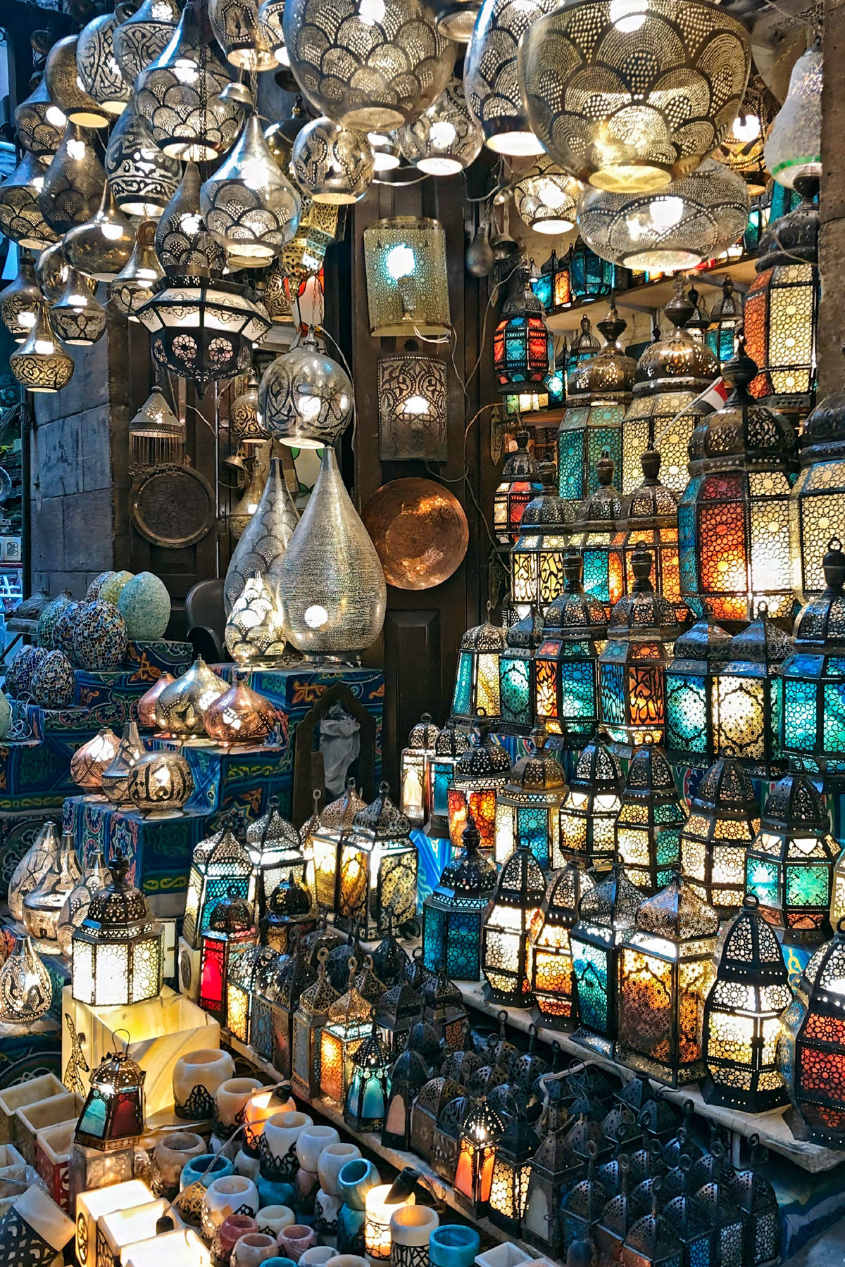 Colorful traditional lanterns at Khan El Khalili bazaar in Cairo for a cheap trip in Egypt