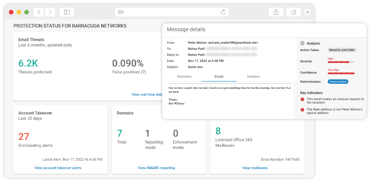 Dashboard de estado de protección de Barracuda mostrando amenazas de email protegidas, alertas de apropiación de cuentas, cumplimiento de dominios y análisis detallado de mensajes con indicadores de severidad