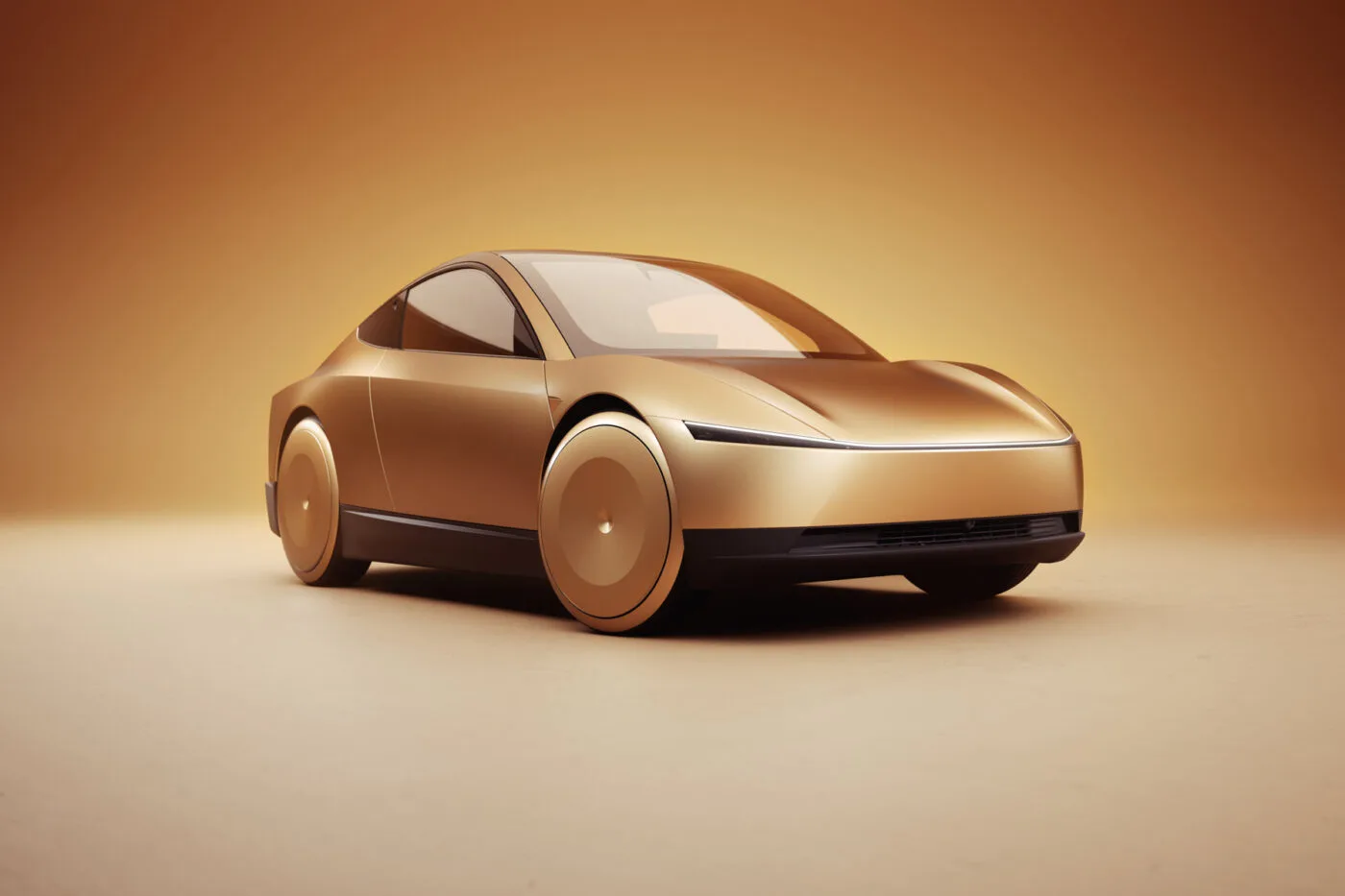 Tesla Cybercab robotaxi vehicle gold color design 2026