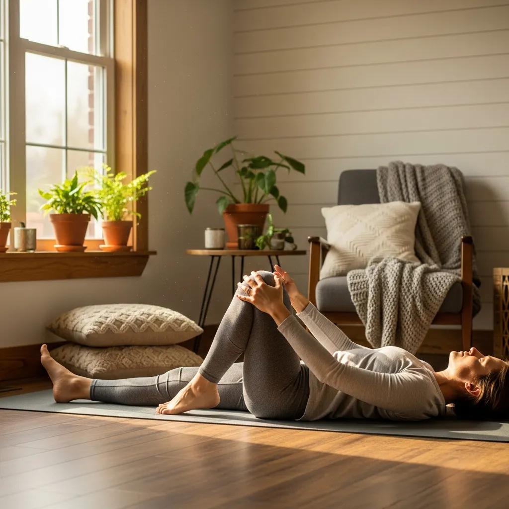 Woman doing gentle restorative yoga stretch on mat in cozy sunlit home
