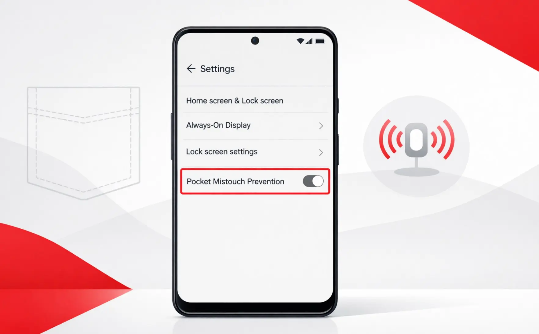 OnePlus smartphone settings screen showing Pocket Mistouch Prevention toggle option