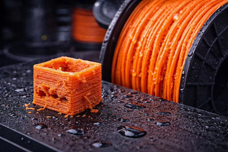 Filamento 3D úmido com defeitos de impressão causados pela umidade